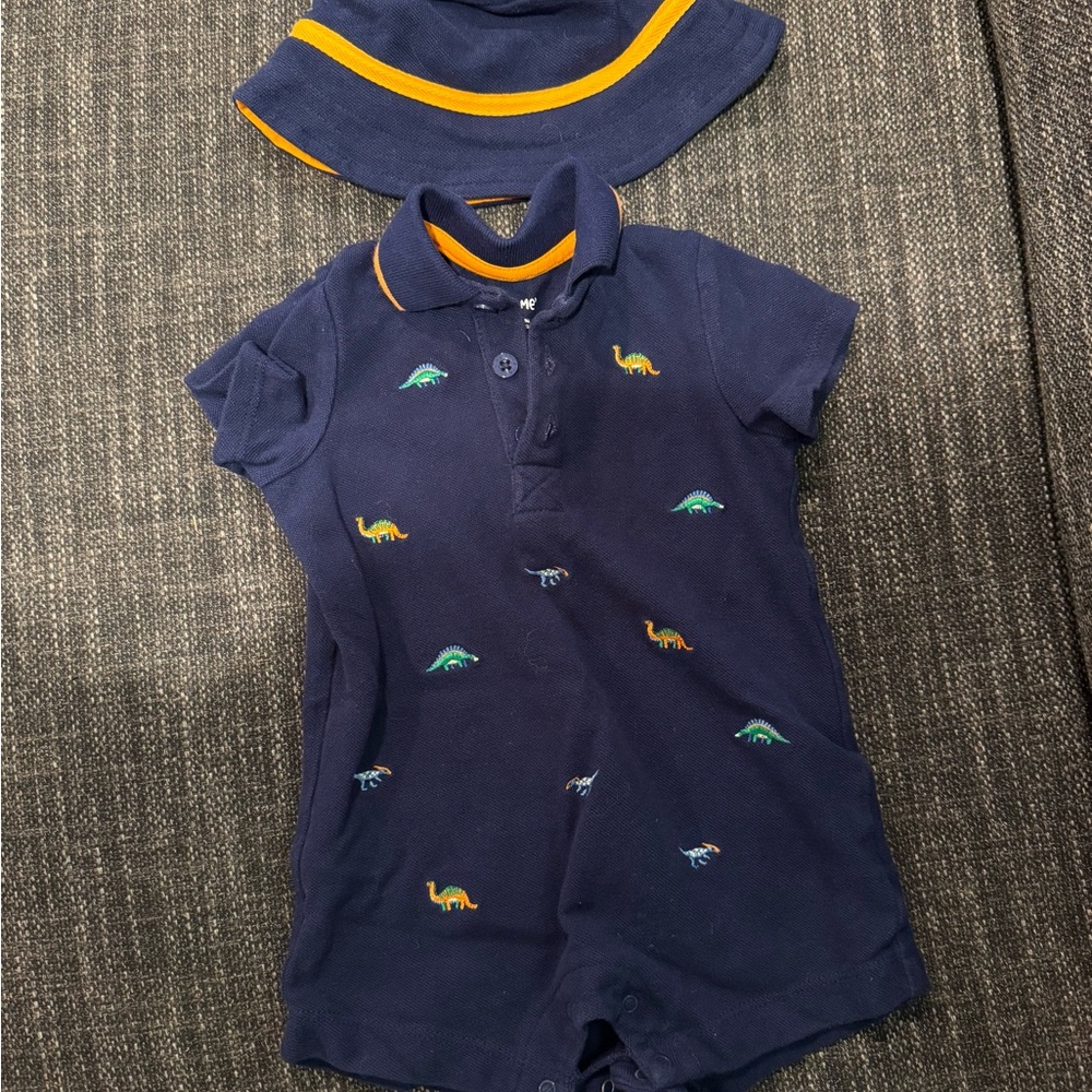 Little Me Navy Blue Dinosaur Baby Romper and Hat Set